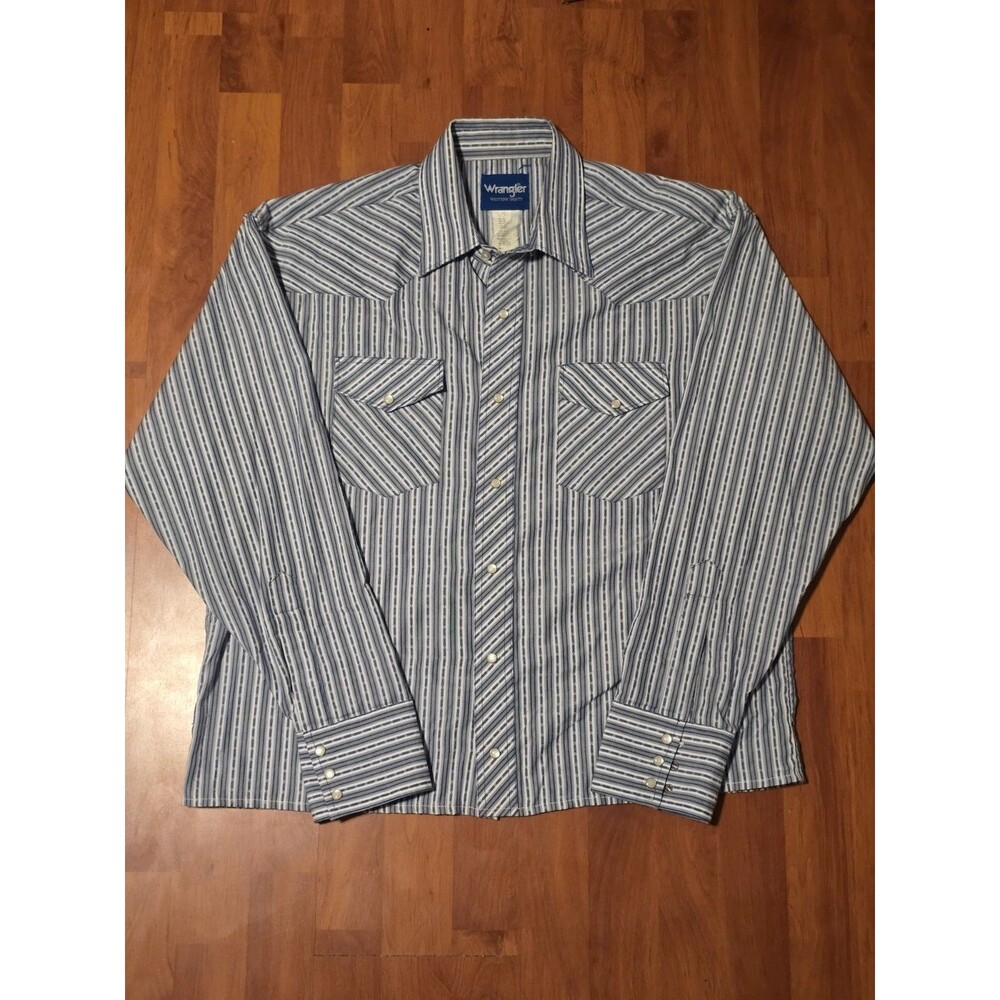 Wrangler Western Pearl Snap Men’s XL Blue Beige Striped Cowboy Rodeo Vintage 90s